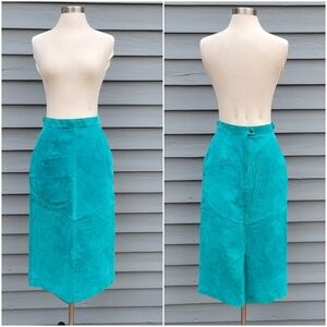 Vintage 90s y2k Teal Aqua Turquoise Blue Suede Boho Western Leather Midi Skirt
